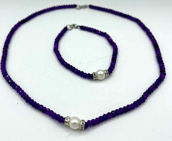 Natural Amethyst Gemstone Rondelle and Pearl Beaded Necklace and Bracelet Set
