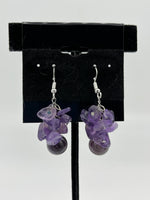 Natural Amethyst Gemstone Chip and Round Beaded Cluster Sterling Silver Earrings