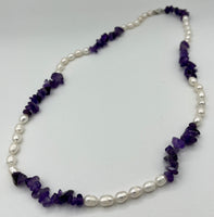 Natural Amethyst Gemstone Chip and White Pearl Long Beaded Necklace