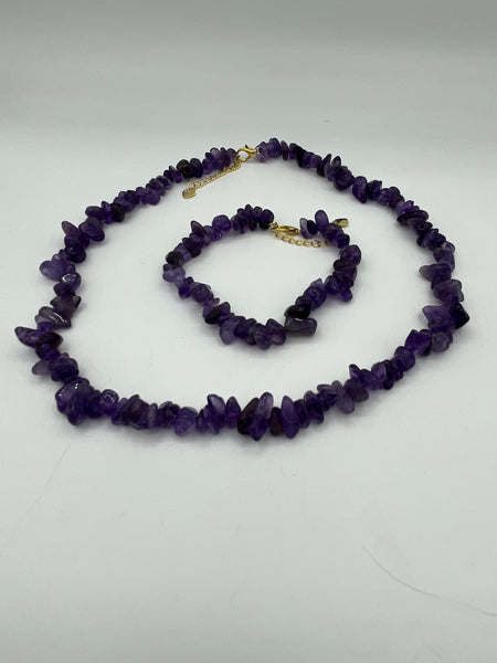 Natural Amethyst Gemstone Chips Beaded Adjustable Necklace and Bracelet Set