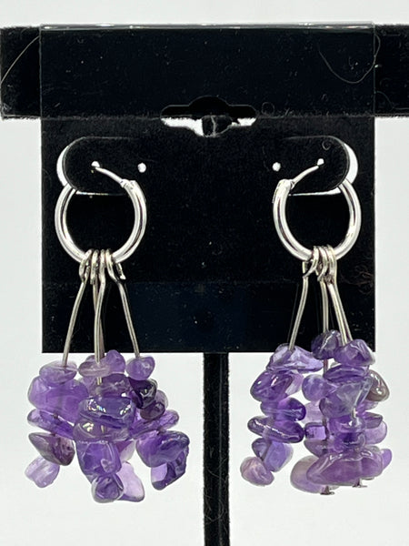 Natural Amethyst Gemstone Chips Beaded Sterling Silver Hoop Dangle Earrings