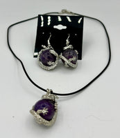 Silvertone Dragon on Natural Amethyst Gemstone Ball Pendant on Cord and Earrings