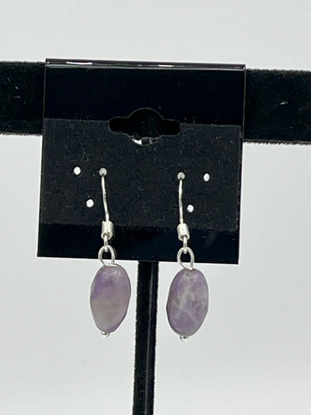Natural Amethyst Gemstone Faceted Oval Beaded Sterling Silver Dangle Earrings
