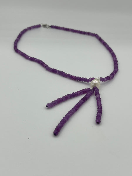 Natural Amethyst Faceted Rondelle & White Pearl Gemstone Beaded Tassel Necklace