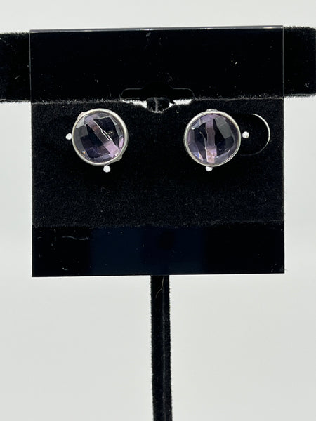 Natural Amethyst Gemstone Faceted Round Sterling Silver Stud Earrings