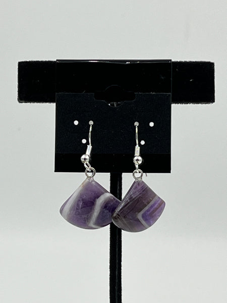 Natural Amethyst Gemstone Fan Shaped Sterling Silver Dangle Earrings