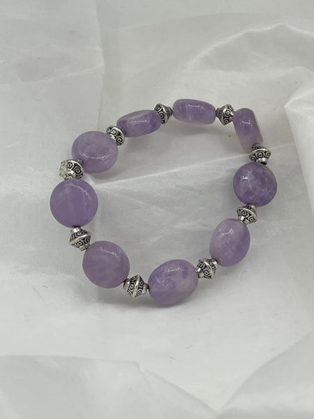 Natural Amethyst Gemstone Disk and Silvertone Beaded Stretch Bracelet