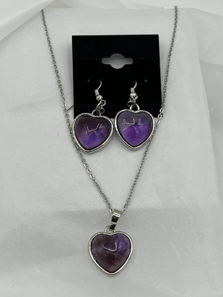 Natural Amethyst Gemstone Heart Pendant on Chain Necklace & Dangle Earrings Set