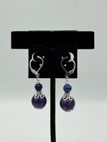 Natural Amethyst and Lapis Gemstone Beaded Sterling Silver Leverback Earrings