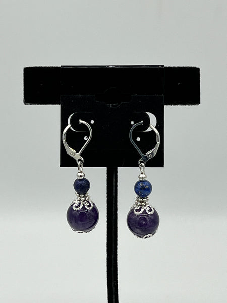 Natural Amethyst and Lapis Gemstone Beaded Sterling Silver Leverback Earrings