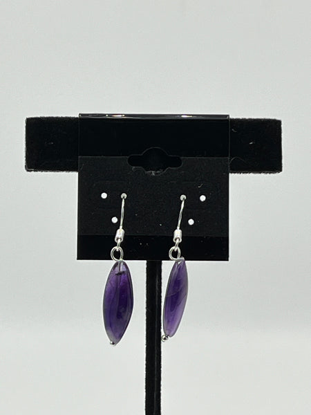 "Natural Amethyst Gemstone Pointed Oval Beaded Sterling Silver Dangle Earrings"