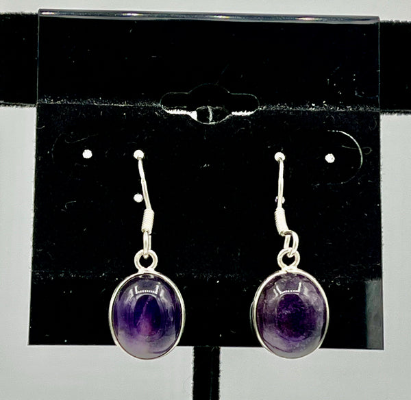 Natural Amethyst Gemstone Dainty Oval Cabochon Sterling Silver Dangle Earrings