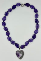 Natural Amethyst Gemstone Ovals Beaded Necklace with Heart Pendant