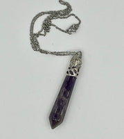 Natural Amethyst Gemstone Point Pendant on Silvertone Chain Necklace