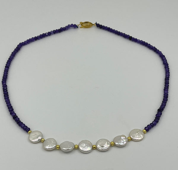 Natural Amethyst Faceted Rondelle and White Coin Pearl Gemstone Beaded Necklace
