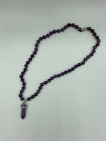 Natural Amethyst Gemstone Round Beaded Necklace with Point Pendant