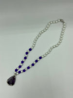Natural Amethyst Gemstone Round Beaded Necklace with Fancy Teardrop Pendant