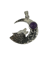 Natural Amethyst Gemstone Round in Sterling Silver Wolf and Moon Pendant