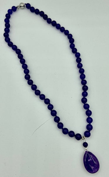 Natural Amethyst Gemstone Round Beaded Necklace with Teardrop Pendant