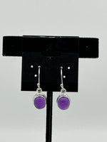 Natural Amethyst Gemstone Dainty Oval Cabochon Sterling Silver Dangle Earrings