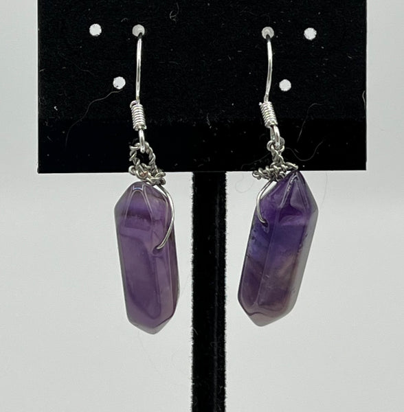 Natural Amethyst Gemstone Small Point Sterling Silver Dangle Earrings