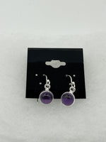 Natural Amethyst Gemstone Round Cabochon Sterling Silver Dangle Earrings