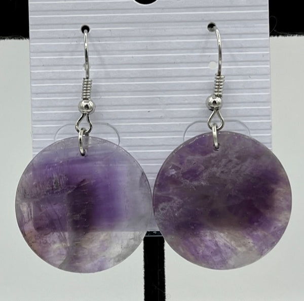 Natural Amethyst Gemstone Flat Disk Sterling Silver Dangle Earrings