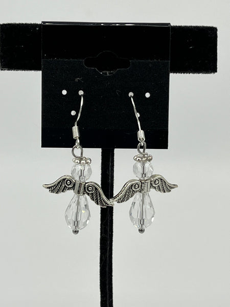 Clear Faceted Glass and Silvertone Beaded Angel Sterling Silver Dangle Earrings