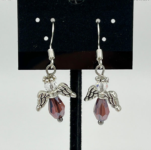 Red Glass and Silvertone Beaded Angels Sterling Silver Dangle Earrings