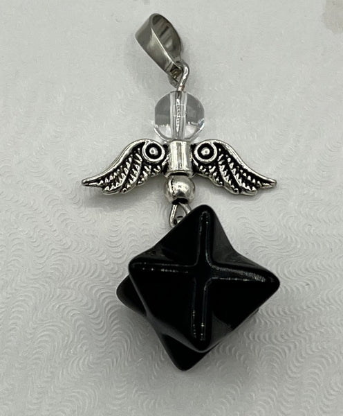 Natural Black Onyx Gemstone and Silvertone Angel Star Pendant