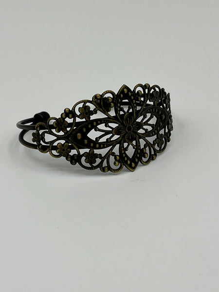 Wide Brass Metal Cuff Bangle Bracelet with Filligreed Flowers