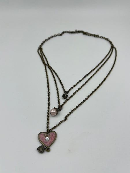 Antique Gold 3 Strand Chain Adjustable Necklace with Heart Rose & Pearl Pendants