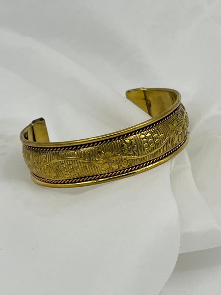 Brass and Copper Cuff Bangle Bracelet with Flower Design