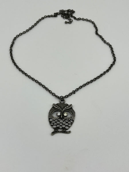 Pewter and Clear CZ Owl Pendant on Adjustable Chain Necklace