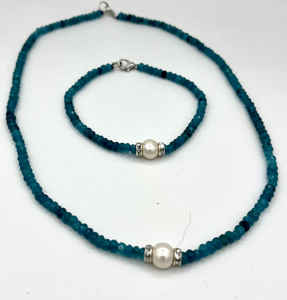 Natural Apatite Gemstone Rondelle and Pearl Beaded Necklace and Bracelet Set