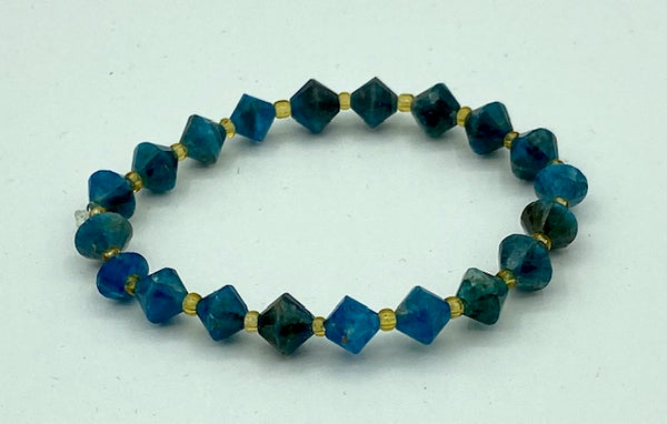 Natural Apatite Gemstone Faceted Bicone and Gold Beaded Stretch Bracelet