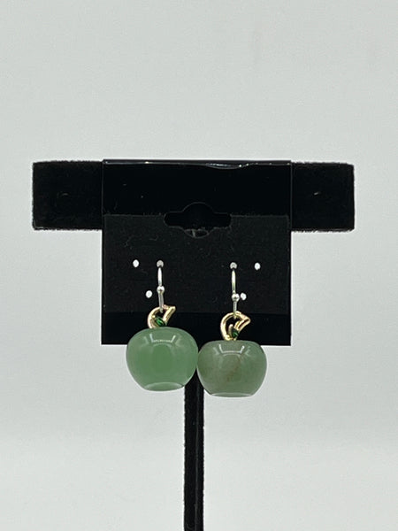 Natural Green Aventurine Gemstone 3D Apple Sterling Silver Dangle Earrings