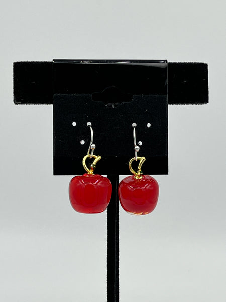 Lampworked Glass 3D Red Apple Sterling Silver Dangle Earrings