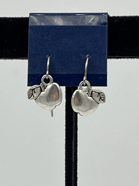 Silvertone Apple Charm Dangle Earrings with Sterling Silver Hooks