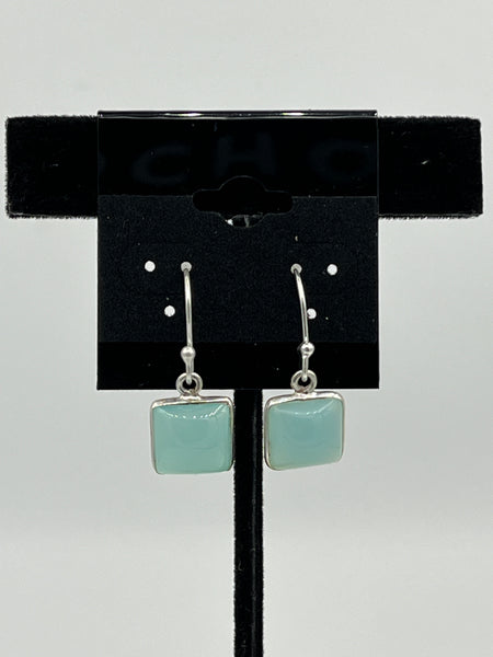 Natural Aqua Chalcedony Gemstone Square Sterling Silver Dangle Earrings