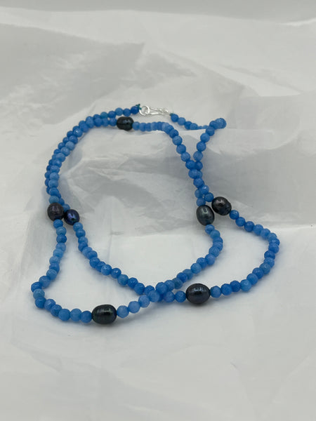 Natural Aquamarine Faceted Round and Black Pearl Gemstone Long Beaded Necklace