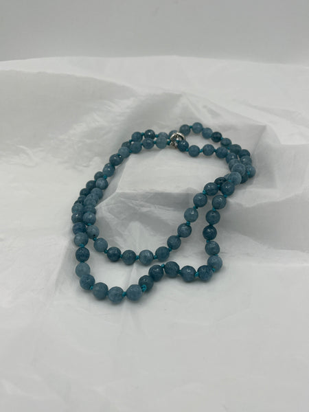 Natural Aquamarine Gemstone Faceted Round Beaded 28" Long Necklace