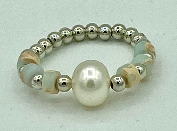Natural Aquamarine Gemstone Rondelle and White Pearl Beaded Stretch Ring
