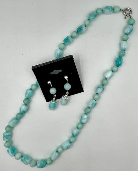 Natural Aquamarine Gemstone Round and Barrel Beaded Necklace and Dangle Earrings