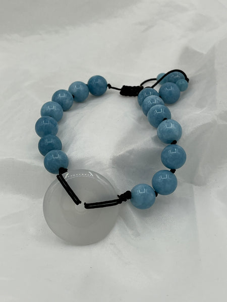 Natural Aquamarine Gemstone Round and Donut Beaded Adjustable Macrame Bracelet