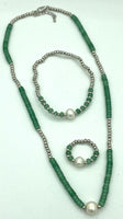 Natural Green Aventurine and Pearl Gemstone Beaded Necklace, Bracelet and Ring