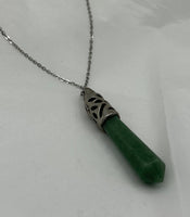 Natural Green Aventurine Gemstone Point Pendant on Silvertone Chain Necklace