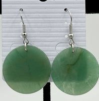 Natural Green Aventurine Gemstone Flat Disk Sterling Silver Dangle Earrings