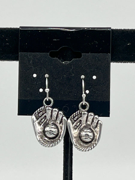 Silvertone 3D Baseball Glove with Ball Sports Charm Dangle Earrings