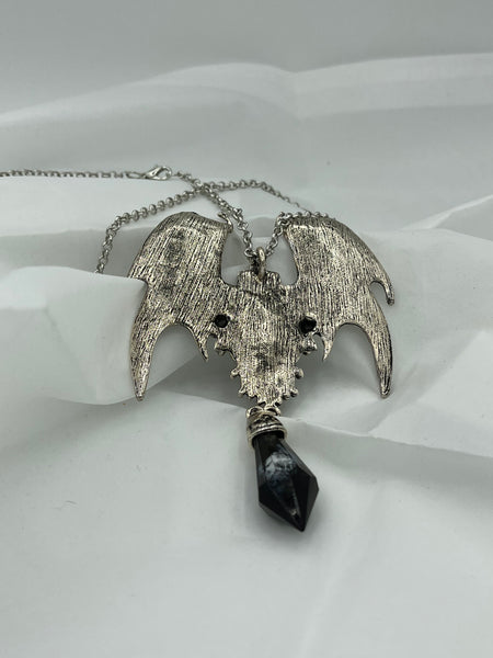 LargeSilvertone Halloween Bat Pendant on Chain with Black and White Stone Dangle